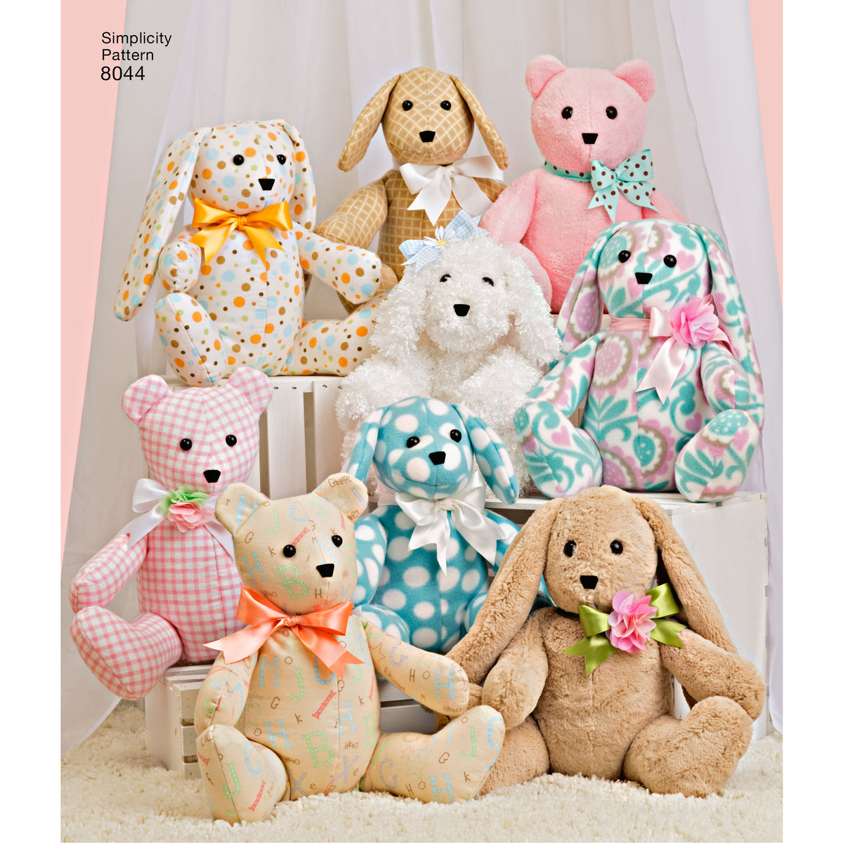 Simplicity 8044 sewing pattern envelope showing stuffed animals designs