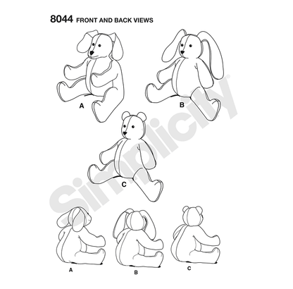Simplicity 8044 sewing pattern envelope showing stuffed animals designs
