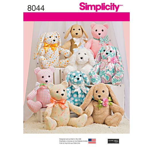 Simplicity 8044 sewing pattern envelope showing stuffed animals designs