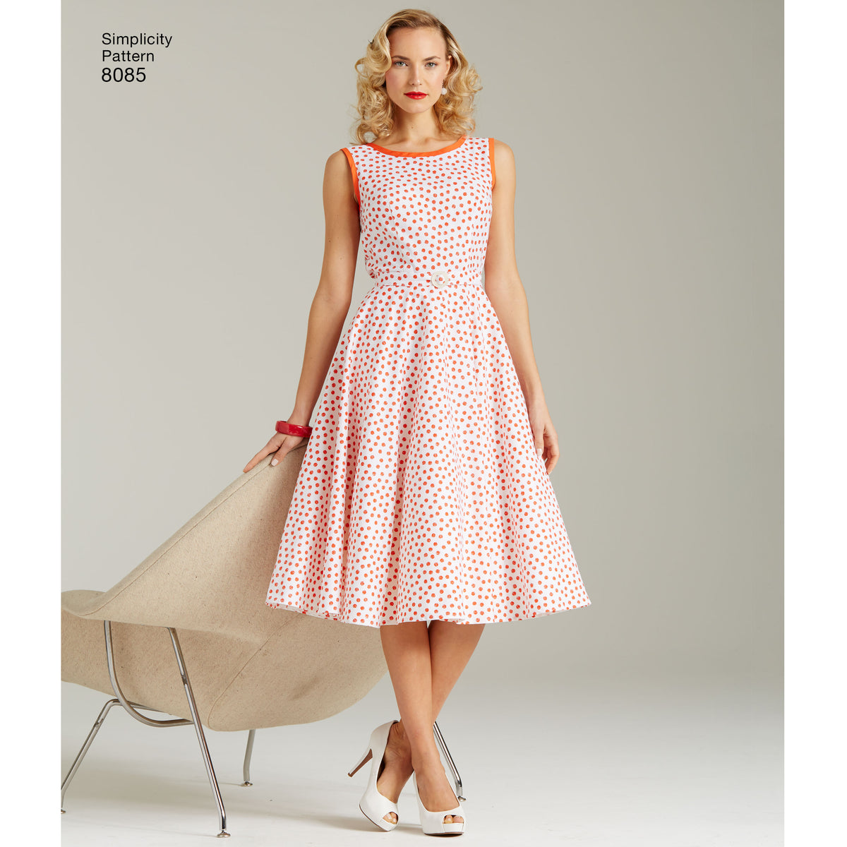 Simplicity 8085 sewing pattern envelope showing misses' midi dress designs