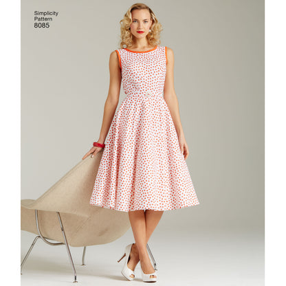 Simplicity 8085 sewing pattern envelope showing misses' midi dress designs