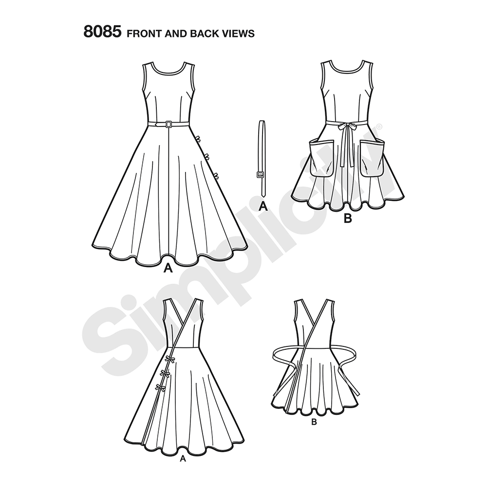 Simplicity 8085 sewing pattern envelope showing misses' midi dress designs