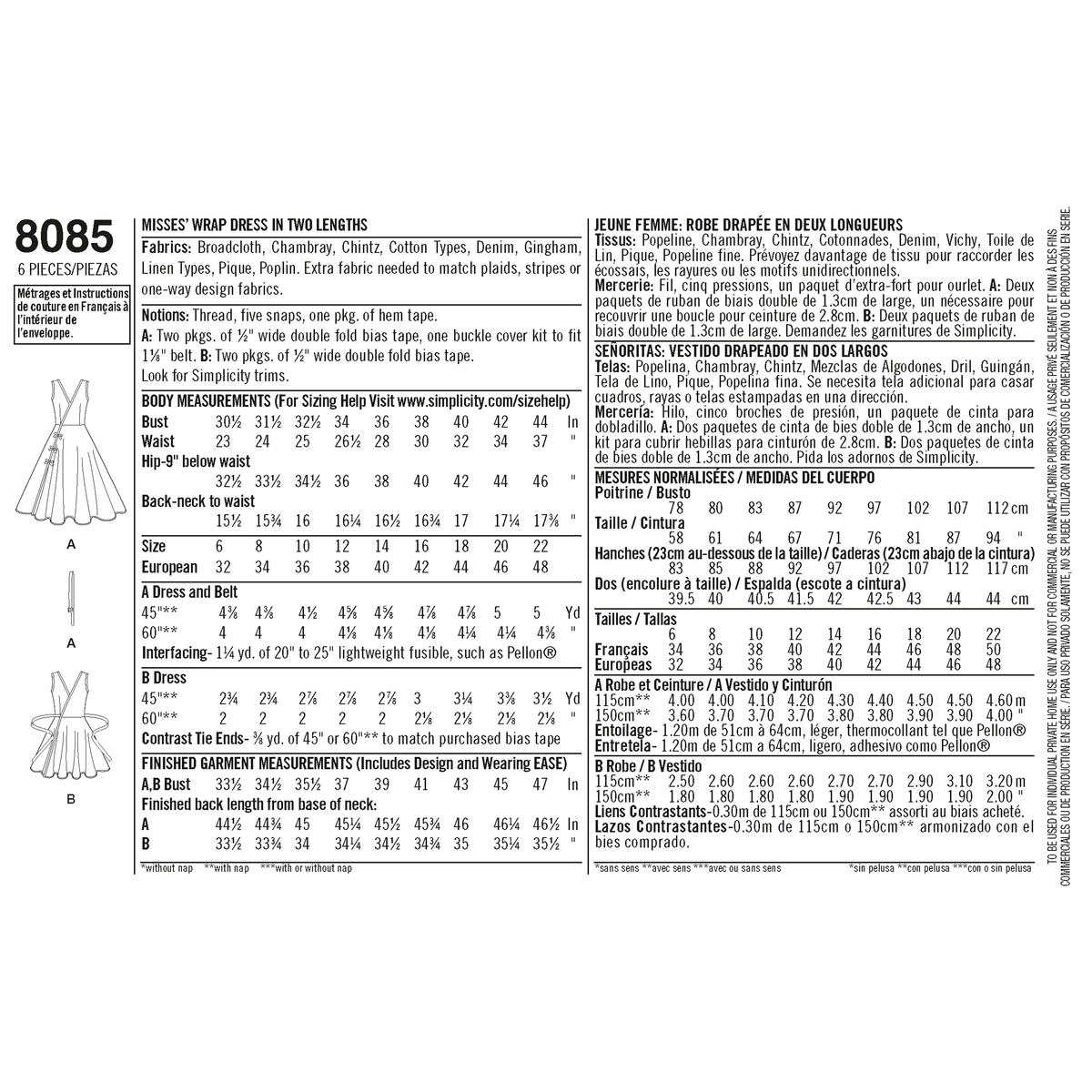 Simplicity 8085 sewing pattern envelope showing misses' midi dress designs