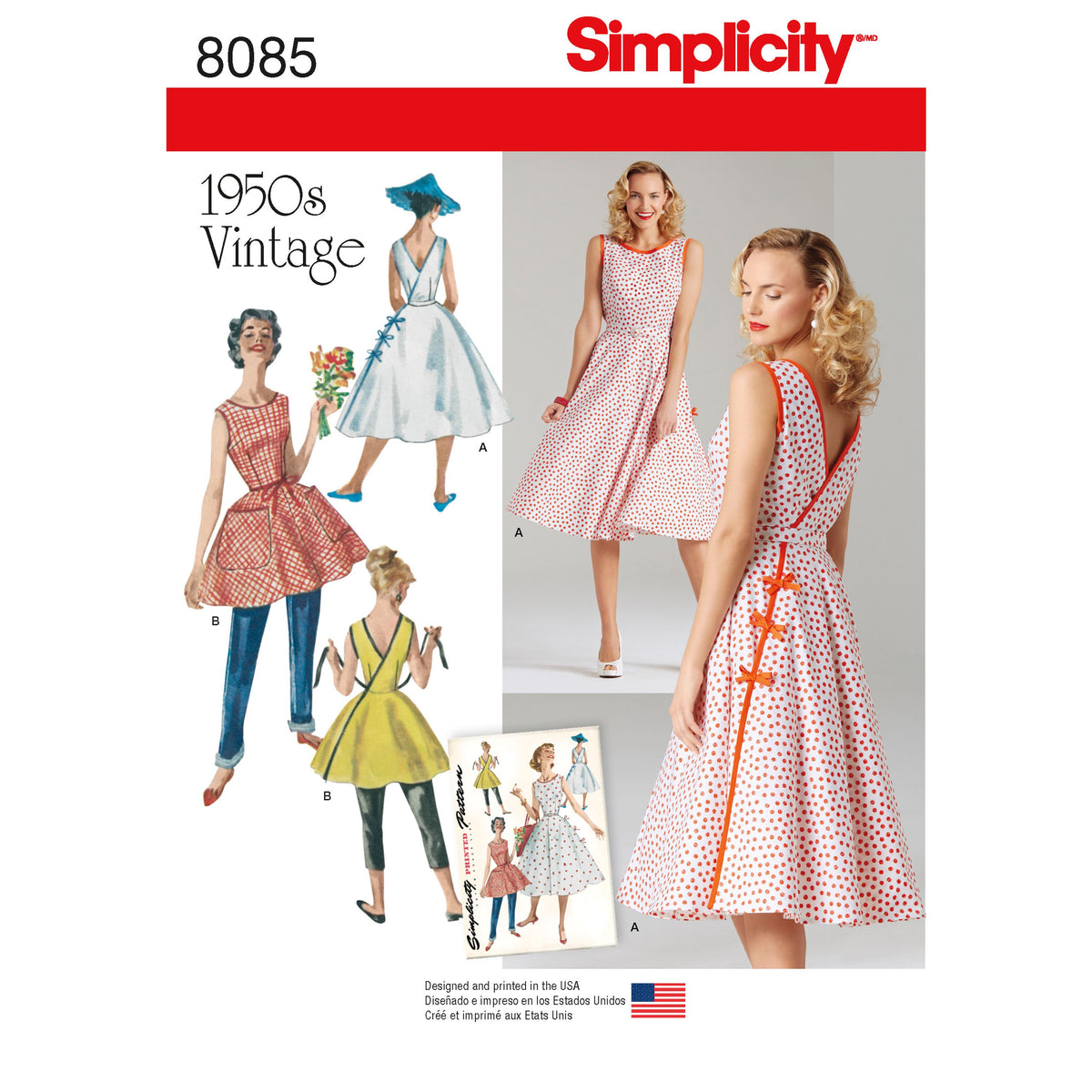 Simplicity 8085 sewing pattern envelope showing misses' midi dress designs