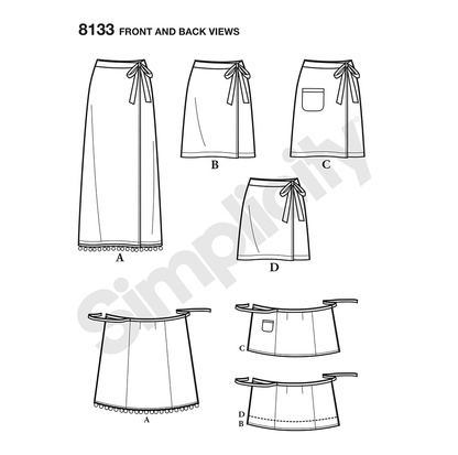 Simplicity 8133 sewing pattern envelope showing learn to sew misses' skirt designs