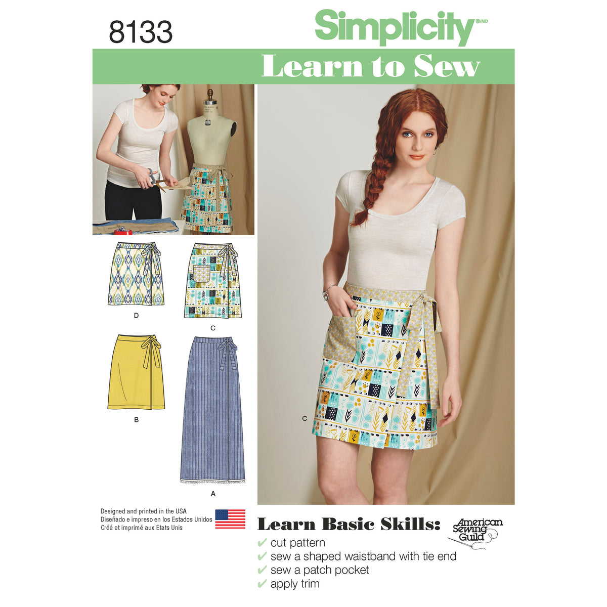 Simplicity 8133 sewing pattern envelope showing learn to sew misses' skirt designs