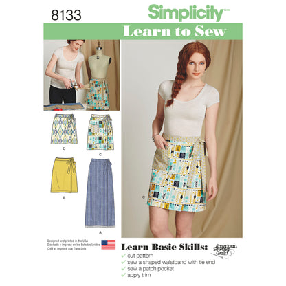 Simplicity 8133 sewing pattern envelope showing learn to sew misses' skirt designs