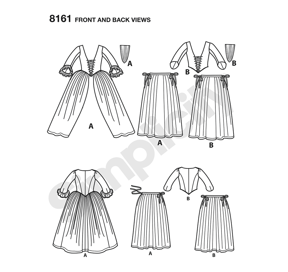 Simplicity 8161 sewing pattern envelope showing 18th century gown costume designs