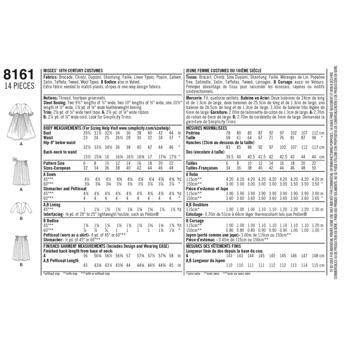 Simplicity 8161 sewing pattern envelope showing 18th century gown costume designs