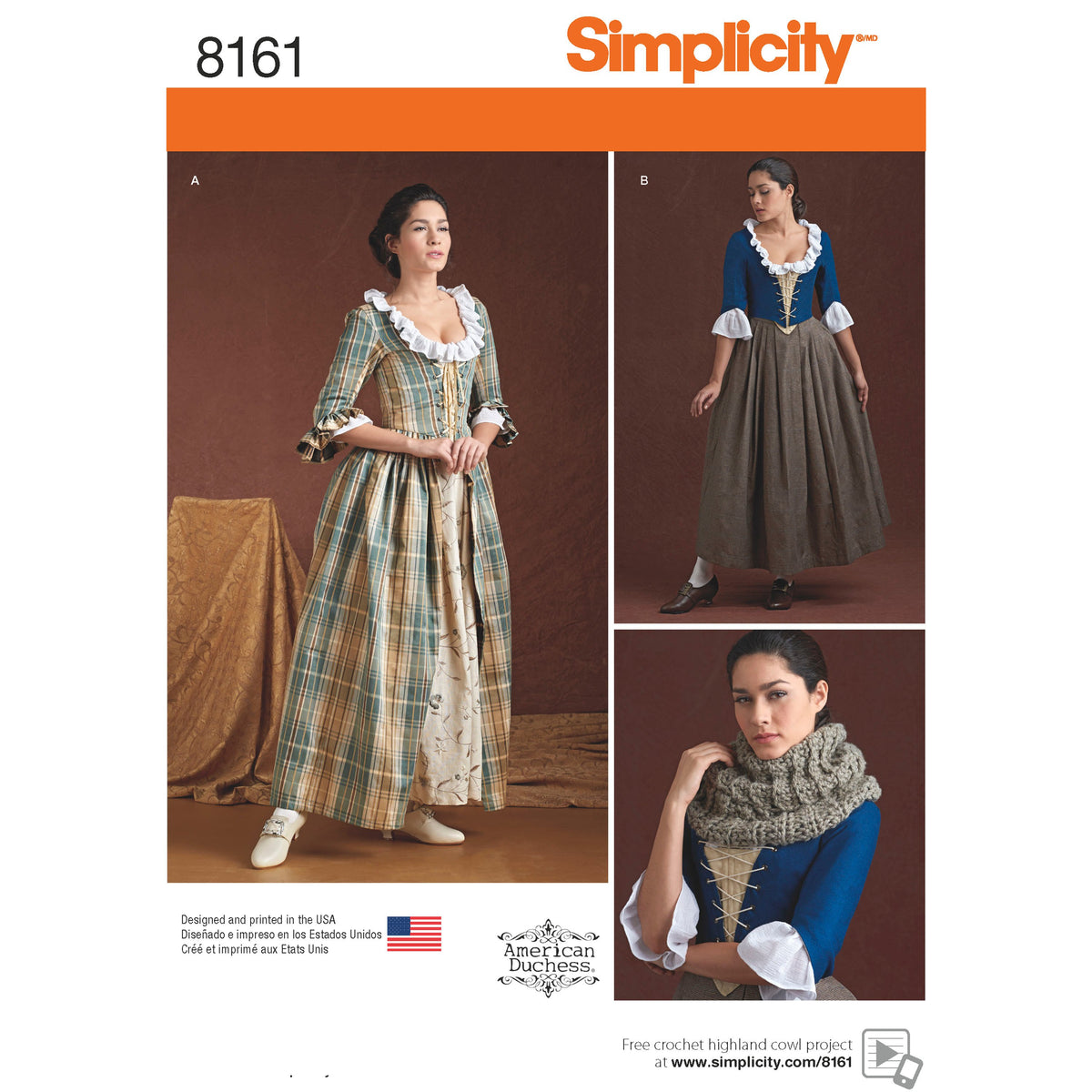 Simplicity 8161 sewing pattern envelope showing 18th century gown costume designs