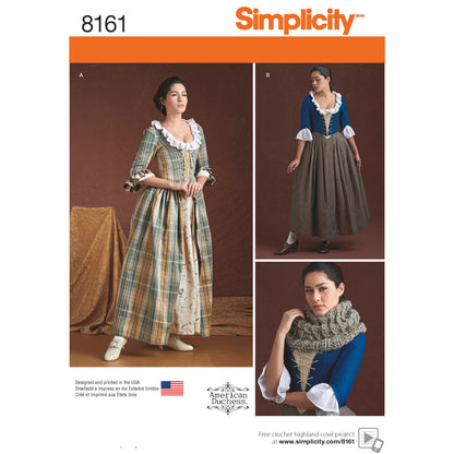 Simplicity 8161 sewing pattern envelope showing 18th century gown costume designs