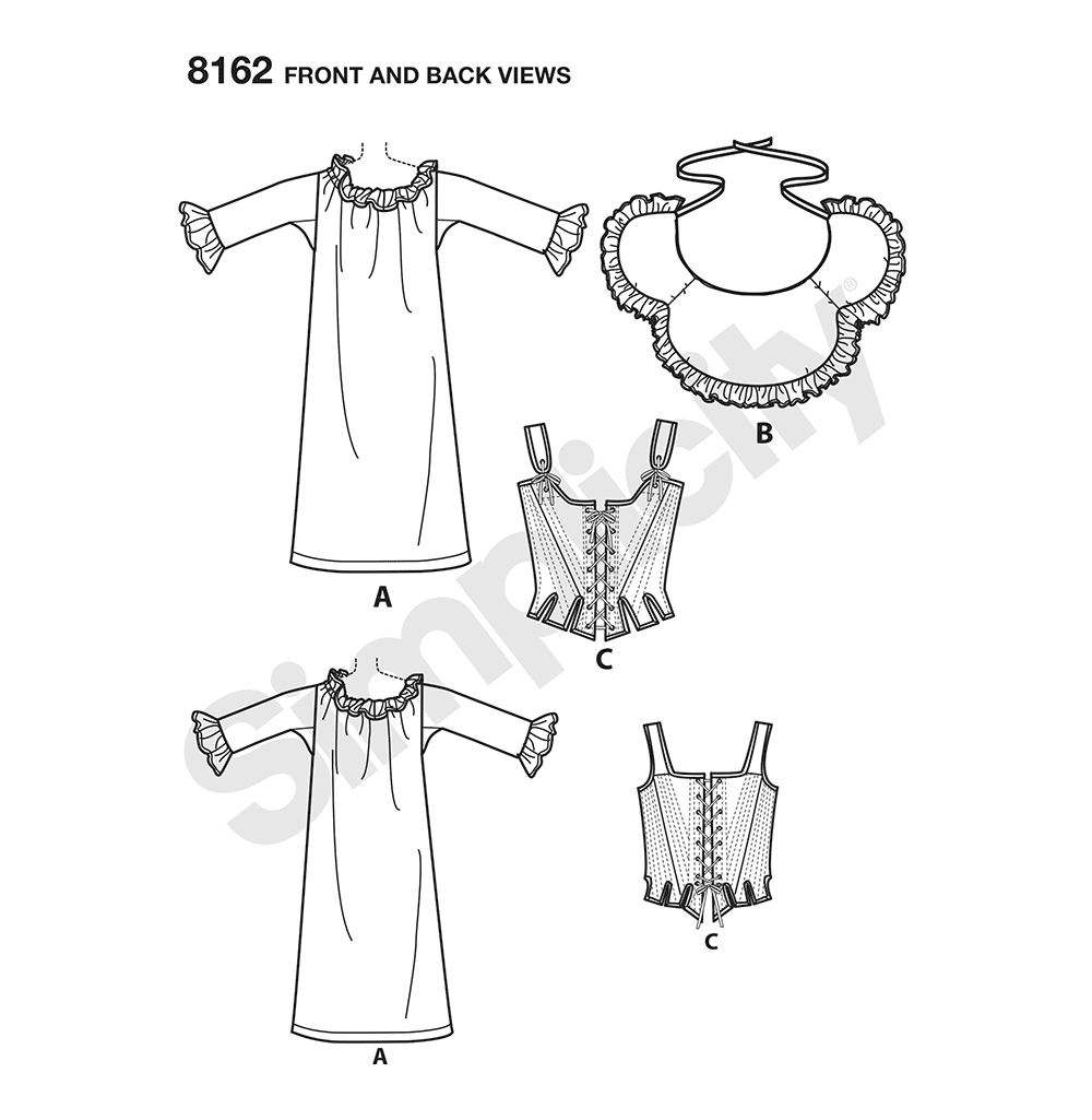 Simplicity 8162 sewing pattern envelope showing 18th century undergarments designs