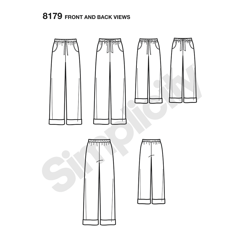 Simplicity 8179 sewing pattern envelope showing unisex lounge trousers designs