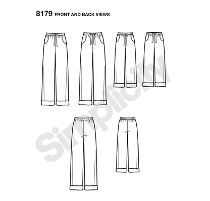 Simplicity 8179 sewing pattern envelope showing unisex lounge trousers designs