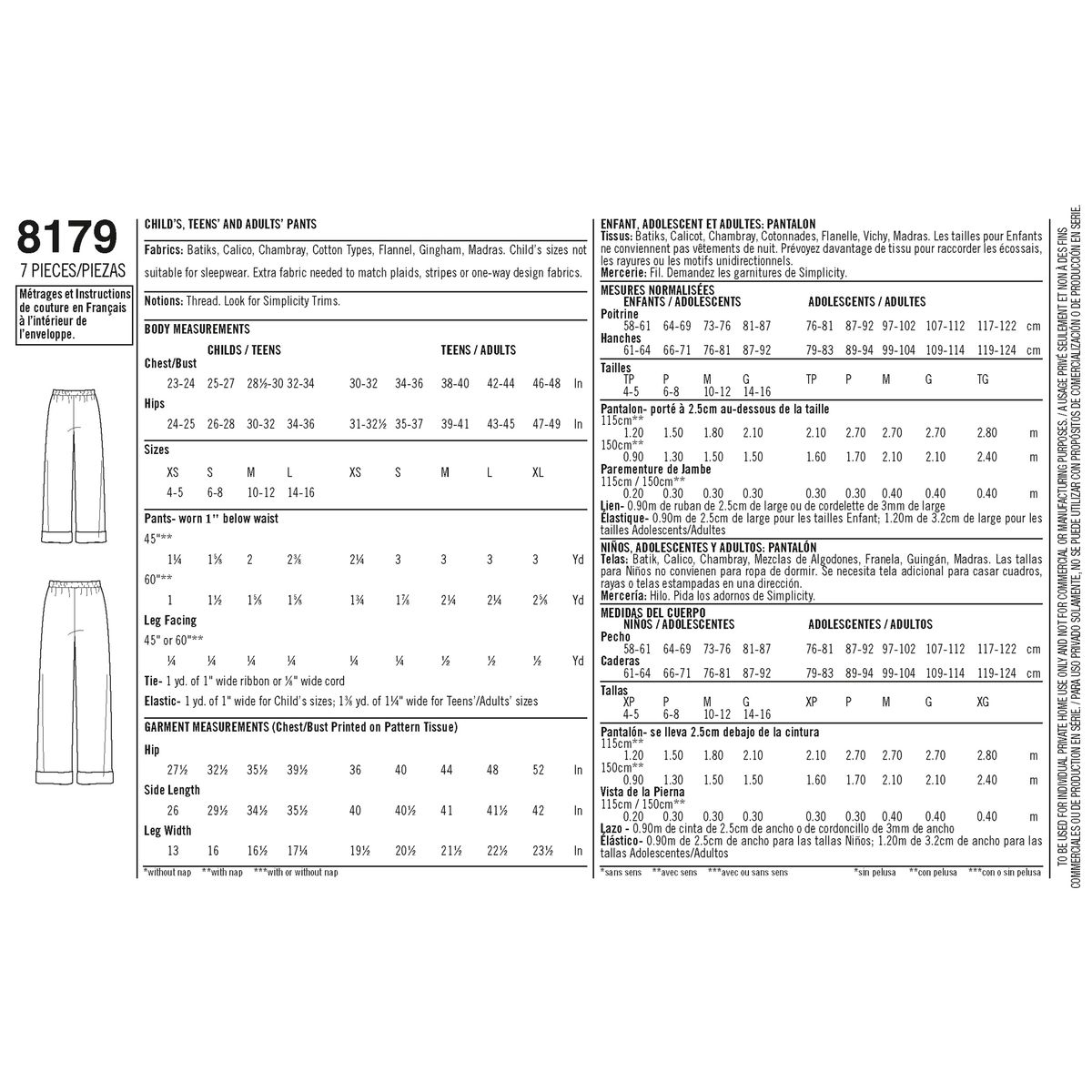 Simplicity 8179 sewing pattern envelope showing unisex lounge trousers designs