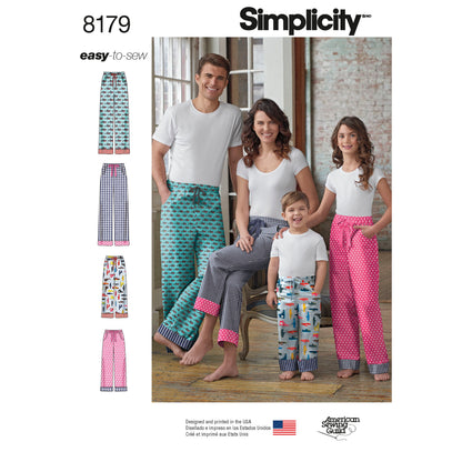 Simplicity 8179 sewing pattern envelope showing unisex lounge trousers designs