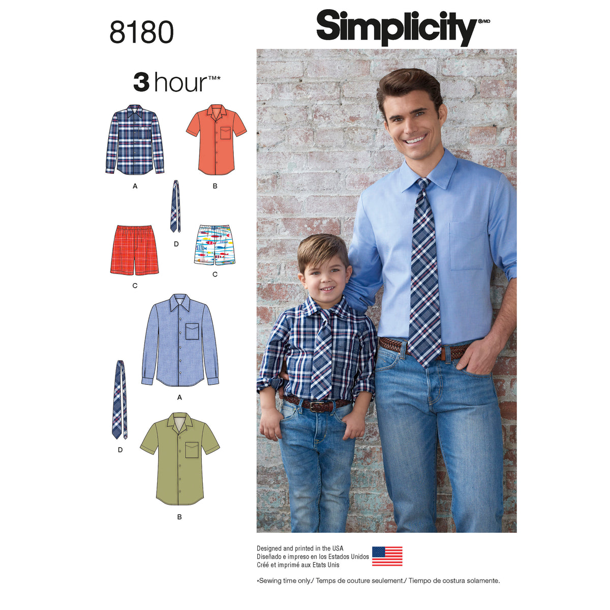 Simplicity 8180 sewing pattern envelope showing men's and boys' shirt designs