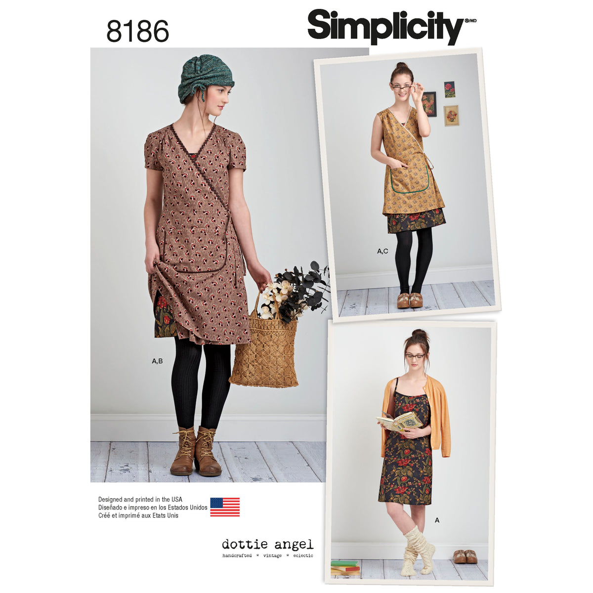 Simplicity 8186 sewing pattern envelope showing dottie angel wrap and slip dress designs