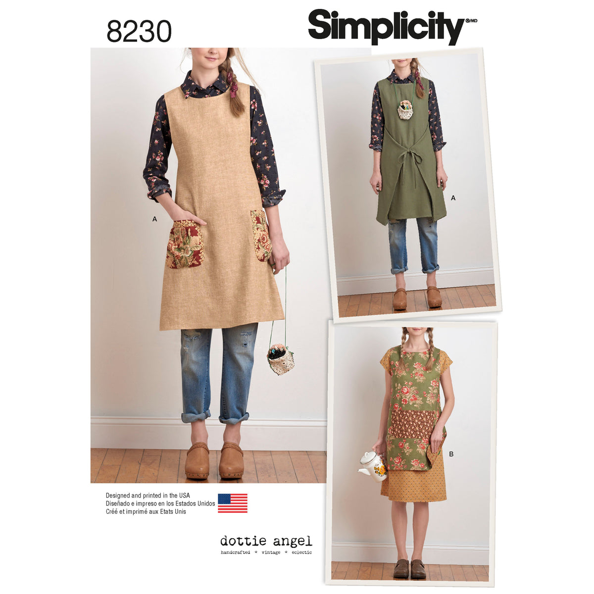 Simplicity 8230 sewing pattern envelope showing dottie angel apron dress designs