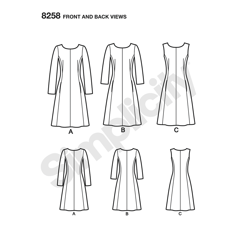 Simplicity 8258 sewing pattern envelope showing misses' dress designs