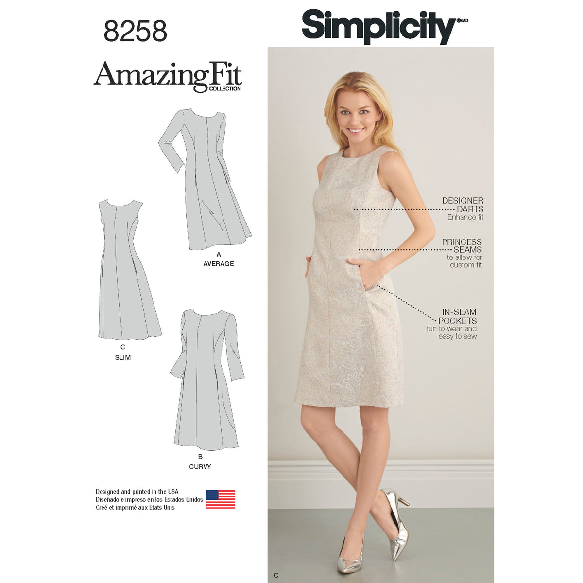 Simplicity 8258 sewing pattern envelope showing misses' dress designs