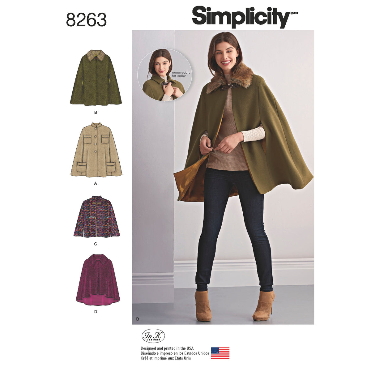 Simplicity 8263 sewing pattern envelope showing misses' capes designs