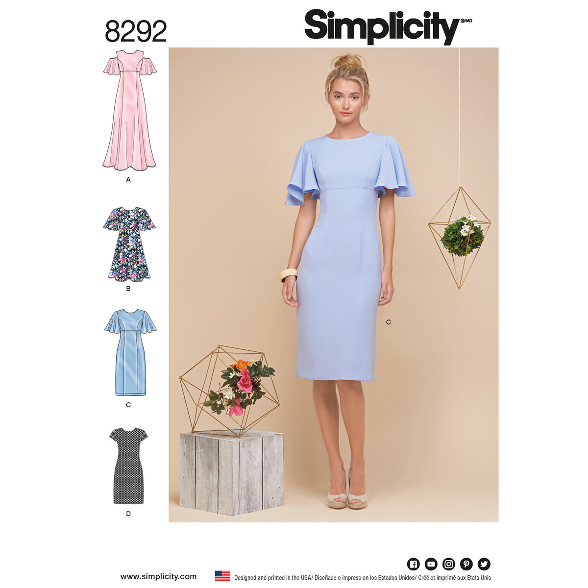 Simplicity 8292 sewing pattern envelope showing misses' dress designs