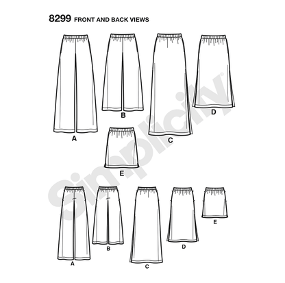 Simplicity S8299 sewing pattern envelope showing skirt and trousers
