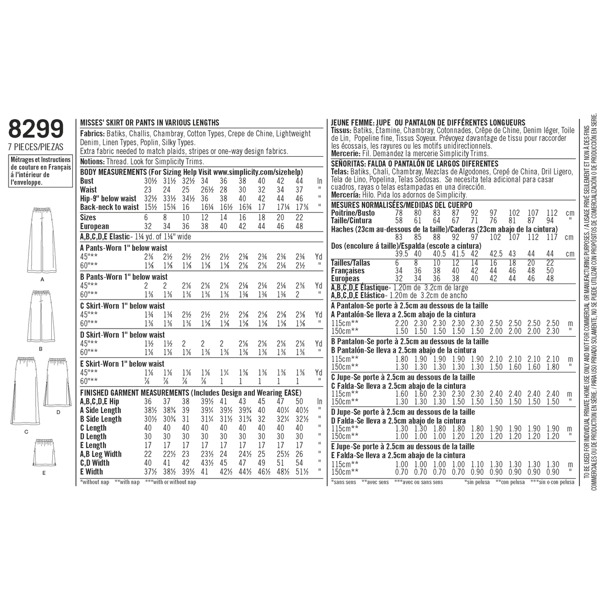 Simplicity S8299 sewing pattern envelope showing skirt and trousers