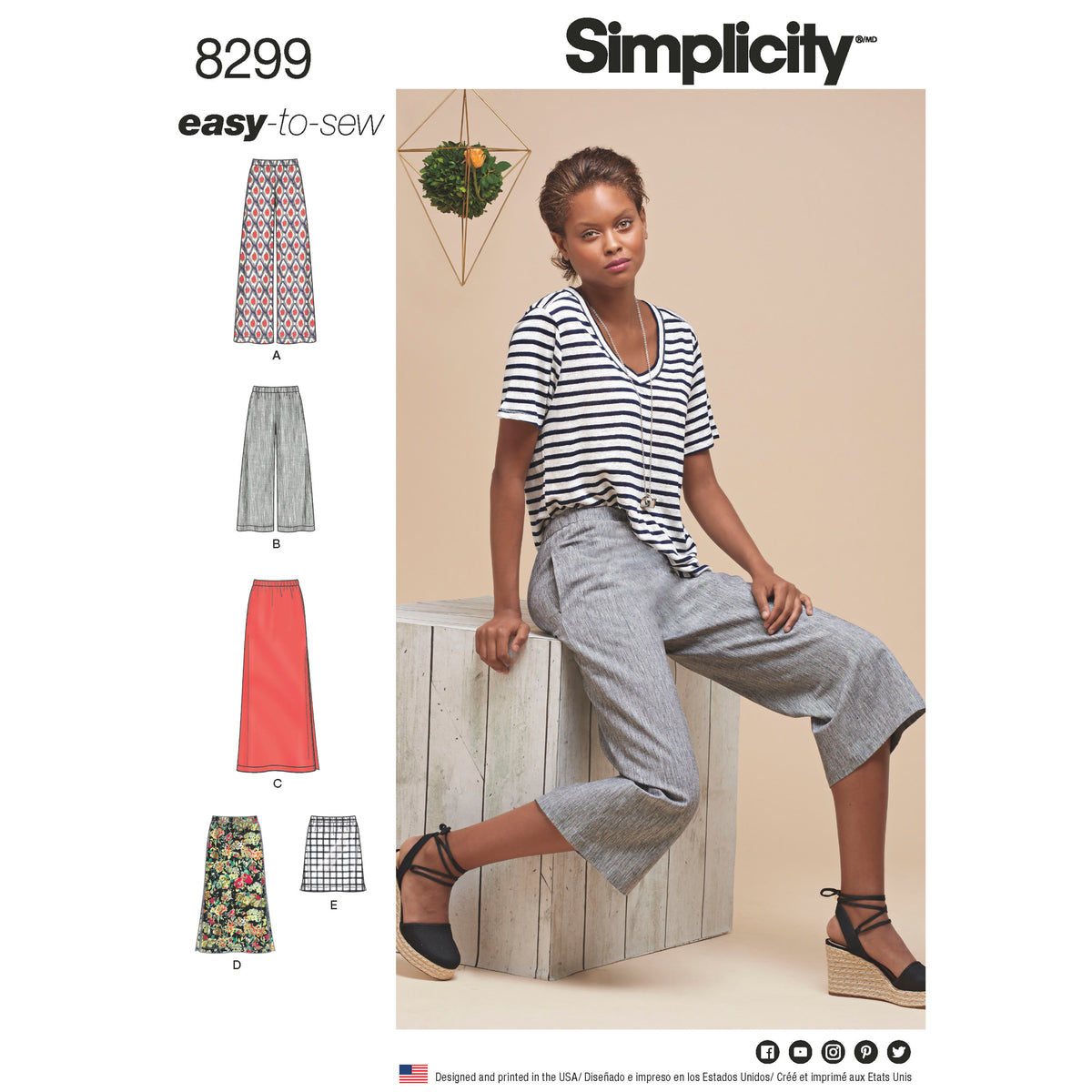 Simplicity S8299 sewing pattern envelope showing skirt and trousers