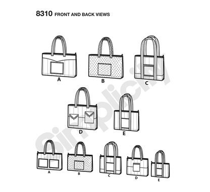 Simplicity S8310 sewing pattern envelope showing quilted backpack-style bags