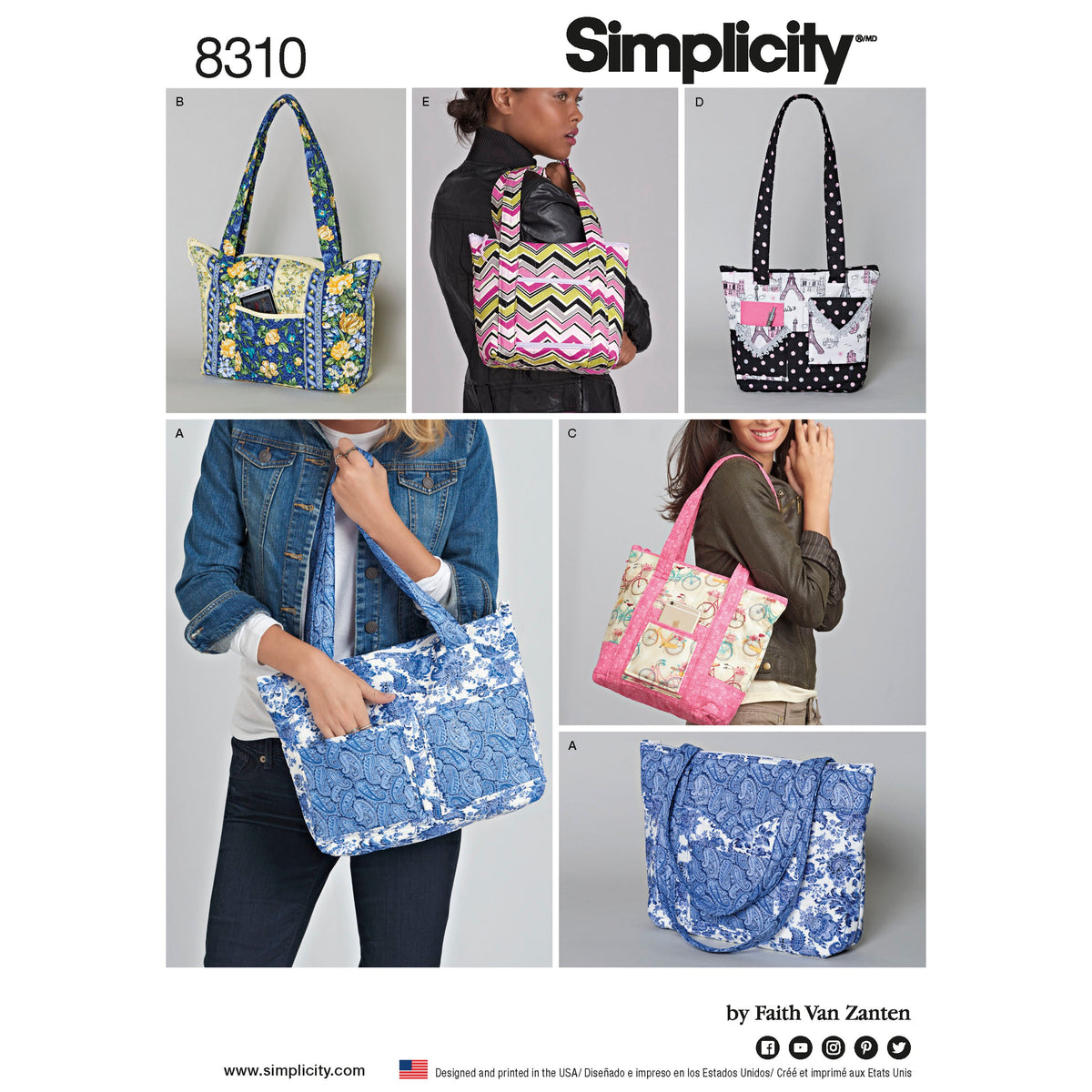 Simplicity S8310 sewing pattern envelope showing quilted backpack-style bags