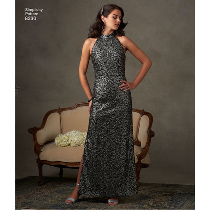 Simplicity S8330 sewing pattern envelope showing evening gown and little black dress