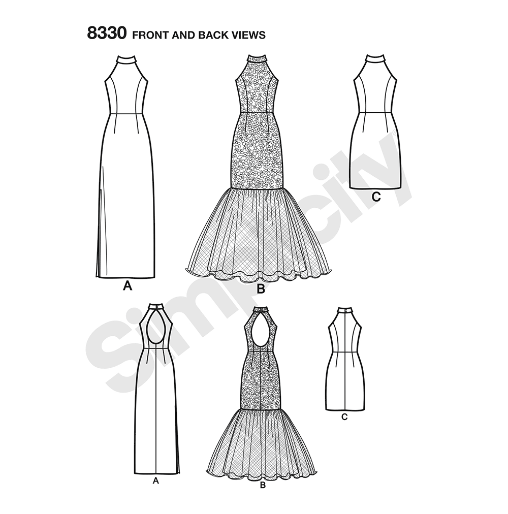 Simplicity S8330 sewing pattern envelope showing evening gown and little black dress