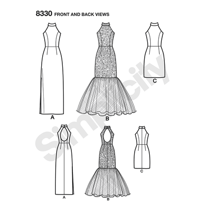Simplicity S8330 sewing pattern envelope showing evening gown and little black dress