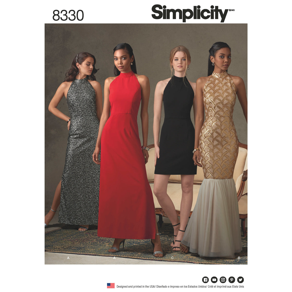 Simplicity S8330 sewing pattern envelope showing evening gown and little black dress