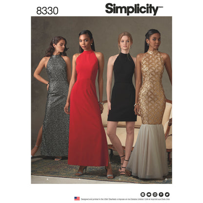 Simplicity S8330 sewing pattern envelope showing evening gown and little black dress