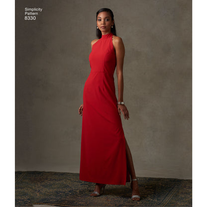 Simplicity S8330 sewing pattern envelope showing evening gown and little black dress