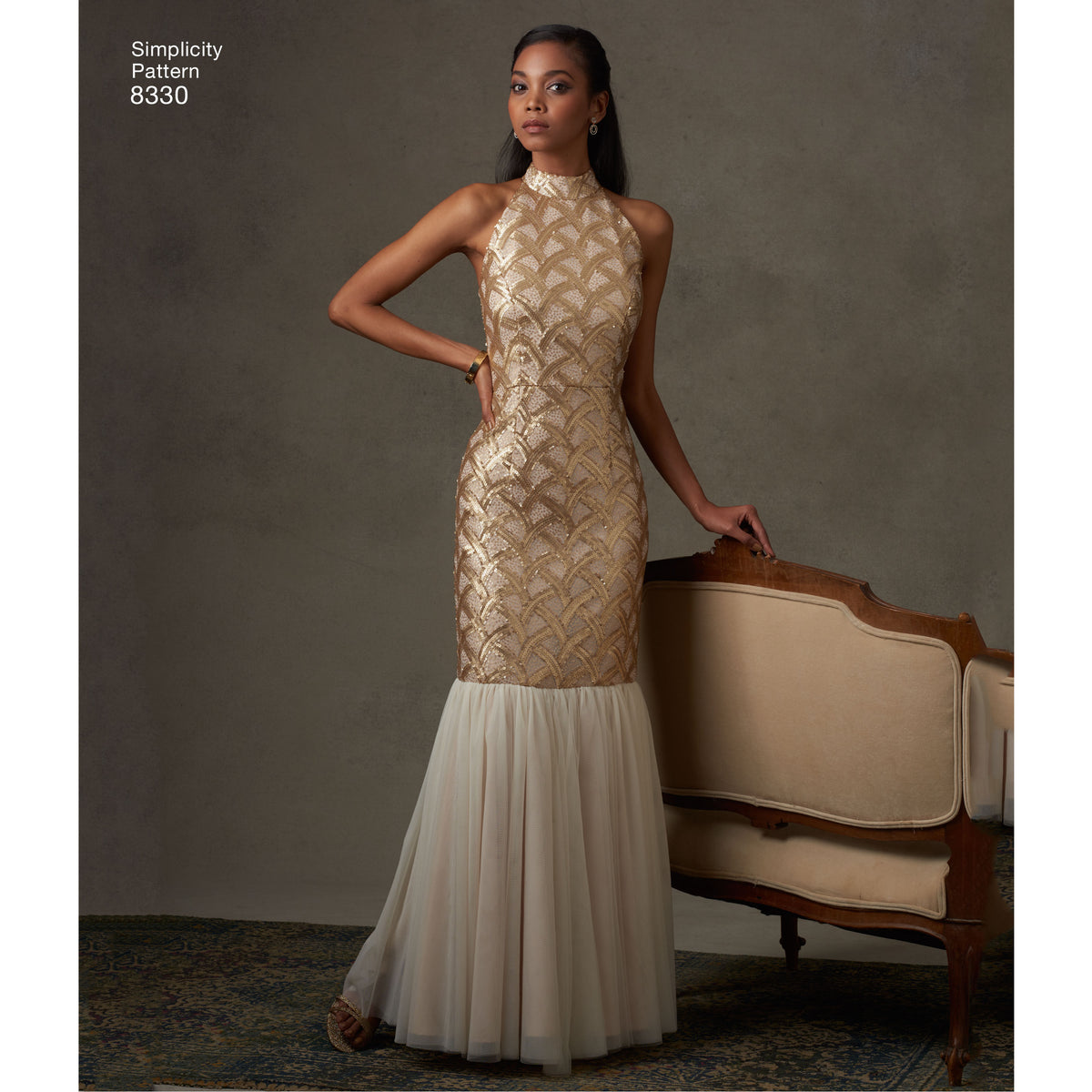 Simplicity S8330 sewing pattern envelope showing evening gown and little black dress