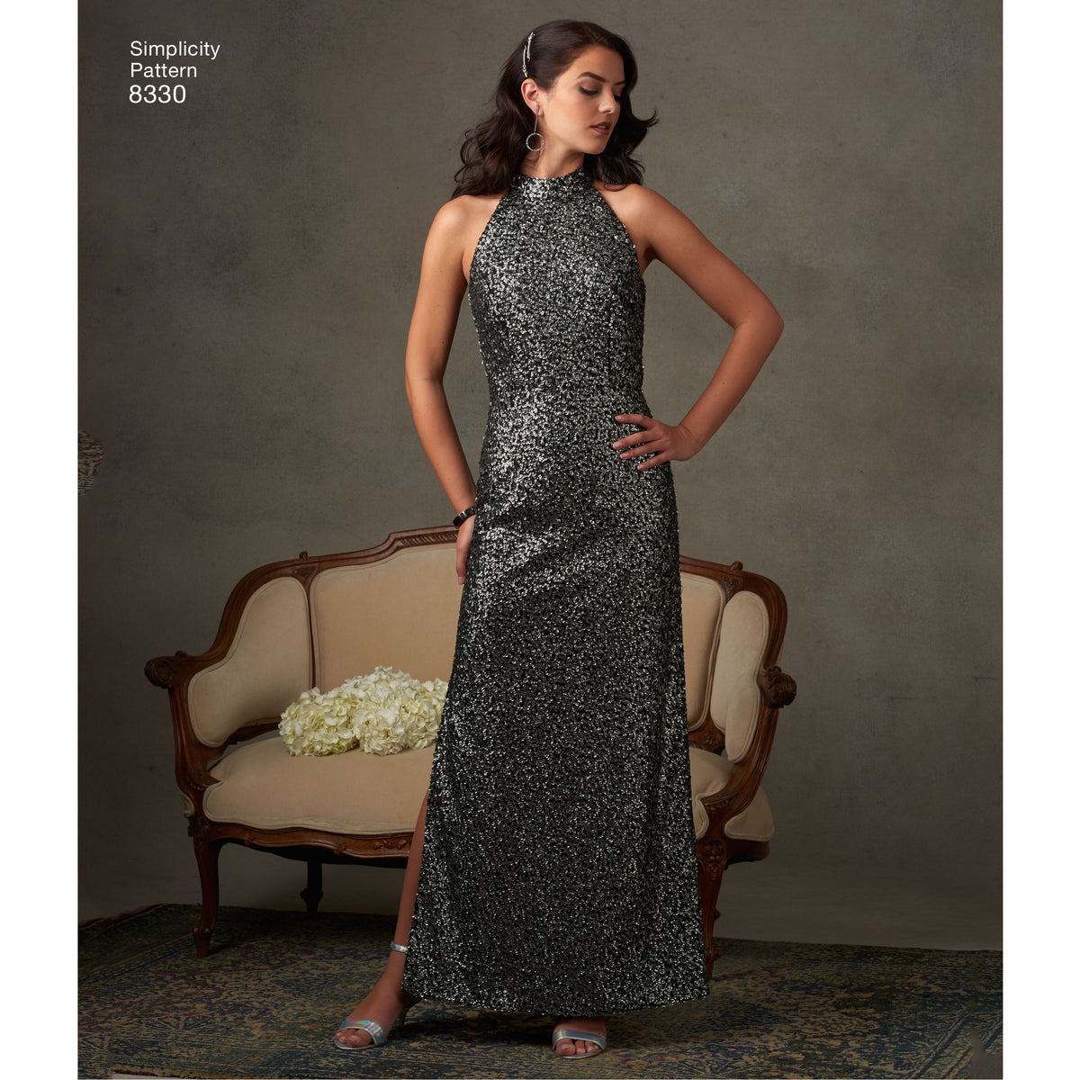 Simplicity S8330 sewing pattern envelope showing evening gown and little black dress