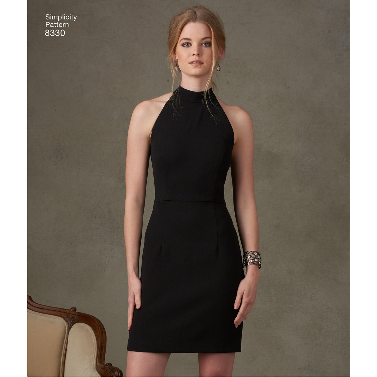 Simplicity S8330 sewing pattern envelope showing evening gown and little black dress