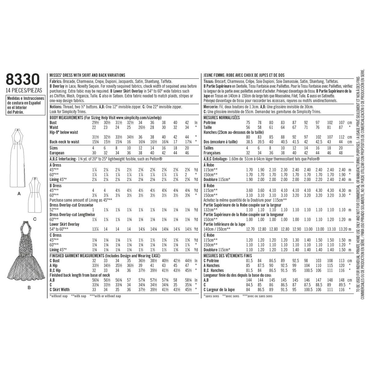 Simplicity S8330 sewing pattern envelope showing evening gown and little black dress