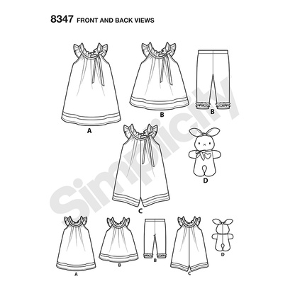 Simplicity S8347 sewing pattern envelope showing toddler outfits and a stuffed bunny