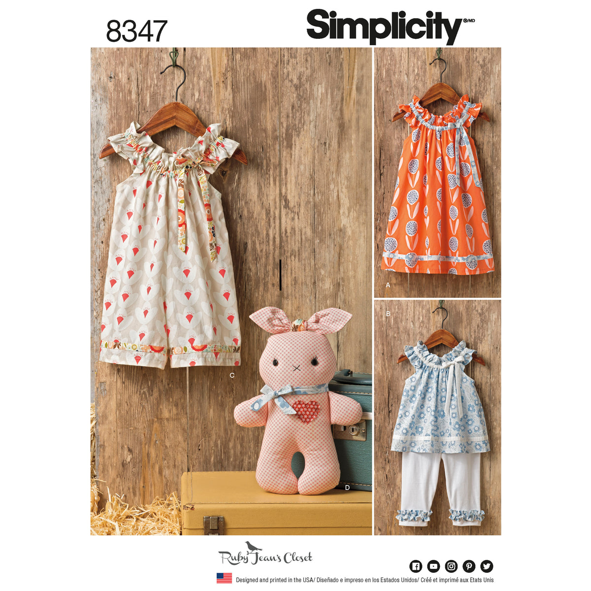 Simplicity S8347 sewing pattern envelope showing toddler outfits and a stuffed bunny