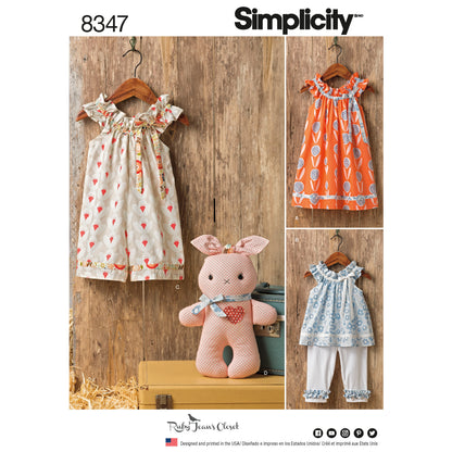 Simplicity S8347 sewing pattern envelope showing toddler outfits and a stuffed bunny
