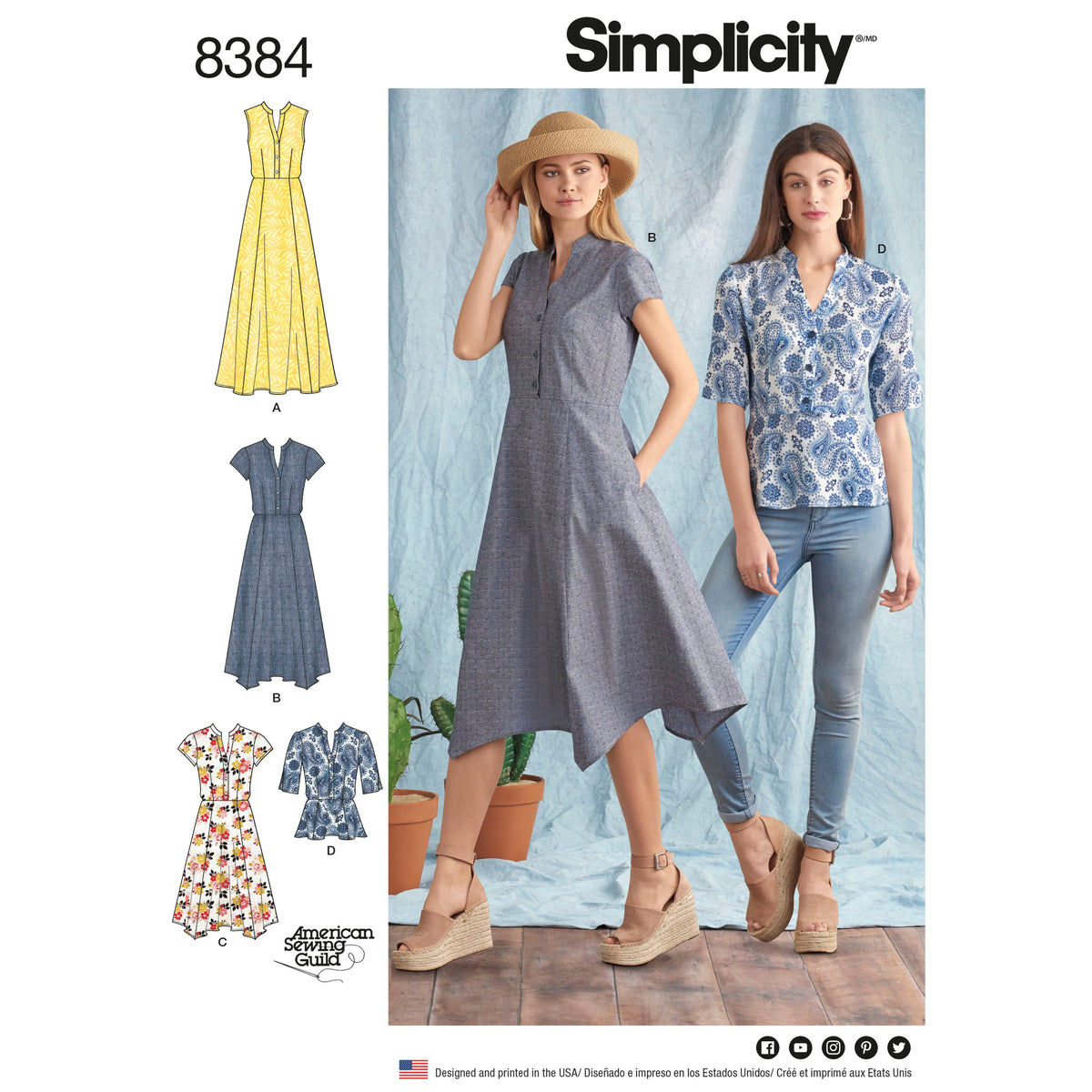 Simplicity S8384 sewing pattern envelope showing shirt dresses