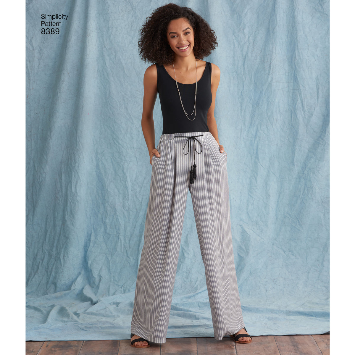 Simplicity S8389 sewing pattern envelope showing trousers in different lengths