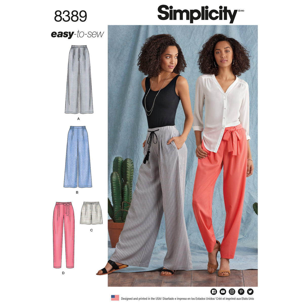 Simplicity S8389 sewing pattern envelope showing trousers in different lengths
