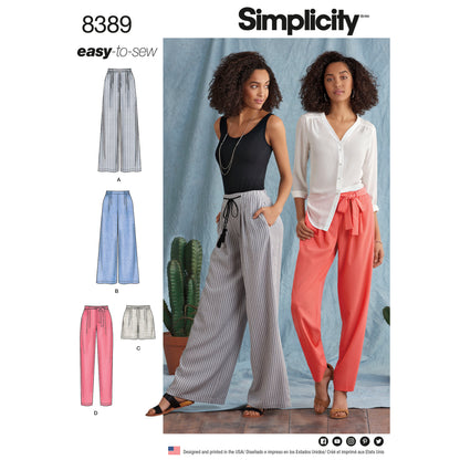 Simplicity S8389 sewing pattern envelope showing trousers in different lengths