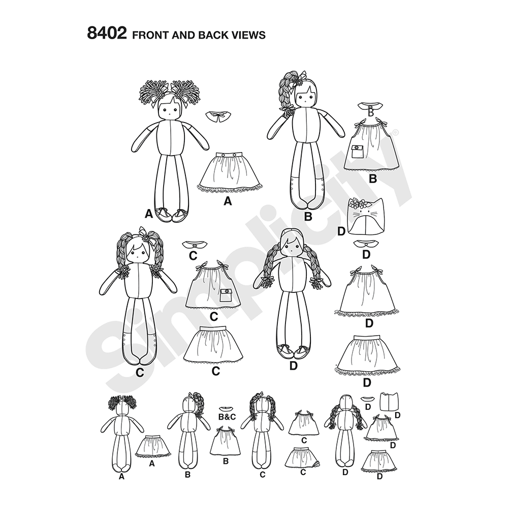 Simplicity S8402 sewing pattern envelope showing stuffed dolls with clothes